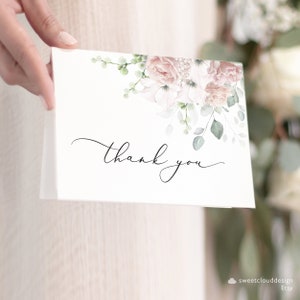 Rosa polveroso floreale ringraziamento matrimonio biglietto di ringraziamento modello modificabile crepuscolo rosa grazie modello Blush floreale biglietto di ringraziamento Boho Gracey