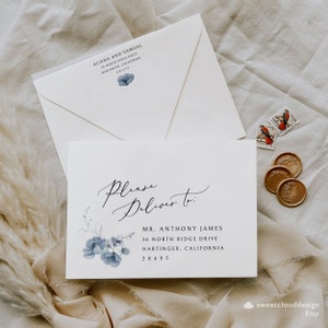 Dusty blue Envelope address Template steel blue floral Address envelope template A7 A6 A1 Printable Envelope Address Editable Modern Berry