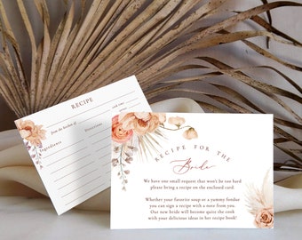 Dusty Orange Boho Bridal Shower Richiesta di ricetta Inserisci Pampas Floral Porta un modello di ricetta Carta di ricette per addio al nubilato arancione ruggine per la sposa