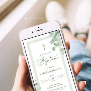 May include: A green and gold baptism invitation with a cross, greenery, and the text "Baptism of our daughter Angela Mason, July 21, 2028, Saturday at 1PM, Salt and Sand Church, 23 Richmond Ave, York, Maine, follow at Sand Country Club, York, Maine."