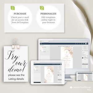 May include: A computer screen shows a mockup of a printable invitation for a Holy Communion. The invitation features a gold cross, a floral design with dried grasses, and the text "Holy Communion" in gold lettering. The text "Angela Mason" is also included. The screen is open in a web browser, and the user can edit the template online.
