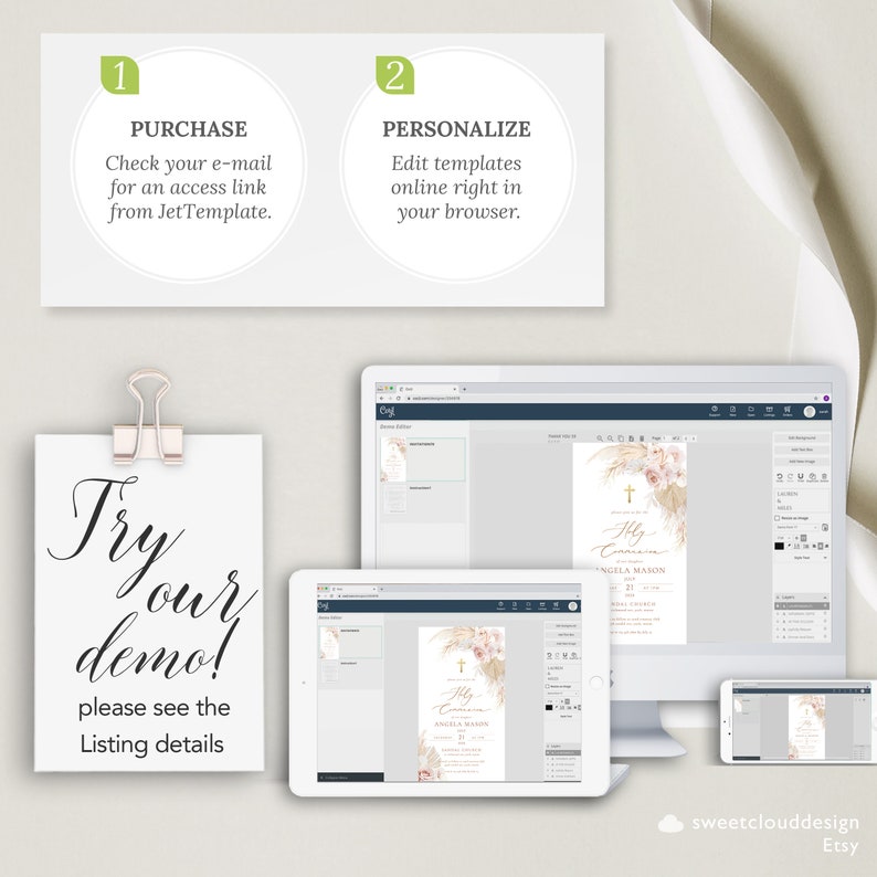 May include: A computer screen shows a mockup of a printable invitation for a Holy Communion. The invitation features a gold cross, a floral design with dried grasses, and the text "Holy Communion" in gold lettering. The text "Angela Mason" is also included. The screen is open in a web browser, and the user can edit the template online.