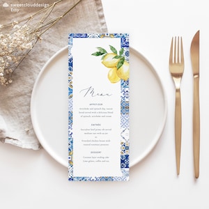 Blaue Fliese und Zitrone Hochzeit Menü Vorlage blaue Fliesen Rahmen Zitrone Brautparty Menü Printable Citrus Mediterran Baby Menü Bearbeitbares Menü