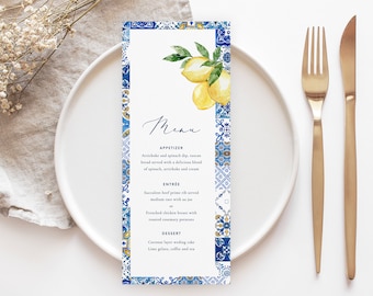 Blue tile and lemon Wedding Menu Template blue tile frame lemon bridal shower Menu Printable Citrus Mediterranean baby menu Editable Menu