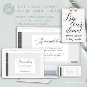 May include: A digital mockup of a wedding accommodation card with the text "Accommodations" in a cursive font. The card is displayed on a computer screen, a tablet, and a smartphone. The text on the card reads "We have reserved rooms at the Marriott Hotel. Please use the promo code "DING" to receive 15% discount. For further information and directions to the venue, please visit our website: www.happilyevercouple.com".