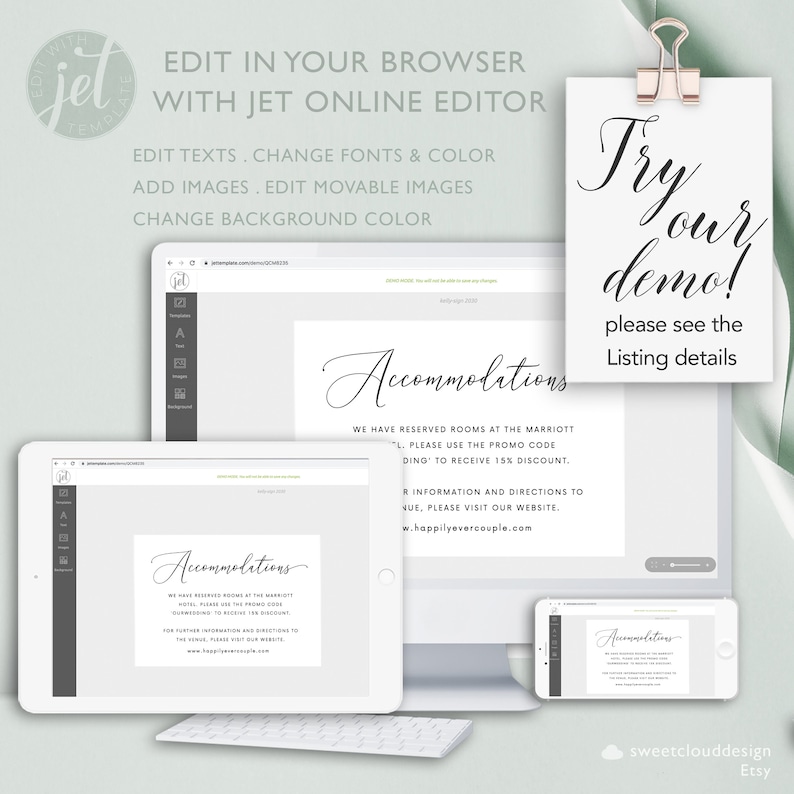 May include: A digital mockup of a wedding accommodation card with the text "Accommodations" in a cursive font. The card is displayed on a computer screen, a tablet, and a smartphone. The text on the card reads "We have reserved rooms at the Marriott Hotel. Please use the promo code "DING" to receive 15% discount. For further information and directions to the venue, please visit our website: www.happilyevercouple.com".