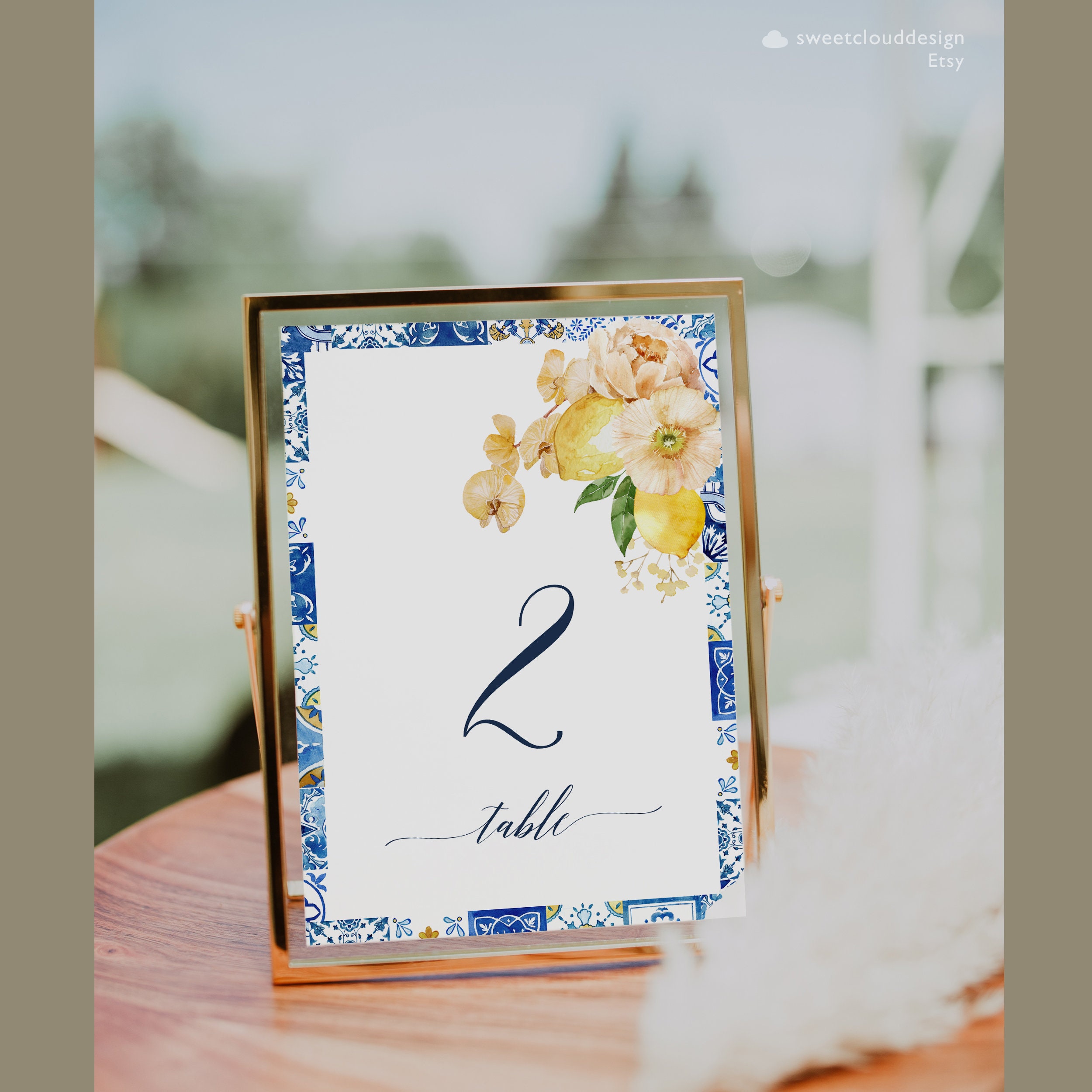Lemon and Blue Tile Table Number Template Peach Flower Wedding - Etsy UK