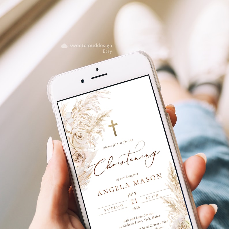 BOHO rose Christening digital Invitation pampas grass Rose Christening phone invite Template Electronic Christening invite beige grass text image 6