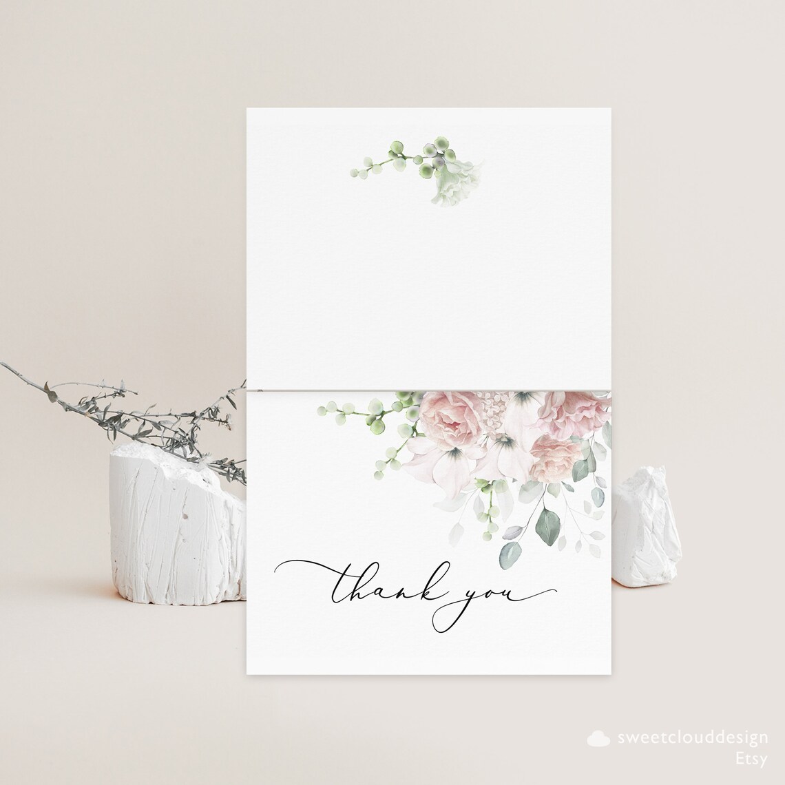 Dusty Pink Floral Thank You Wedding Thank You Card Template Editable ...