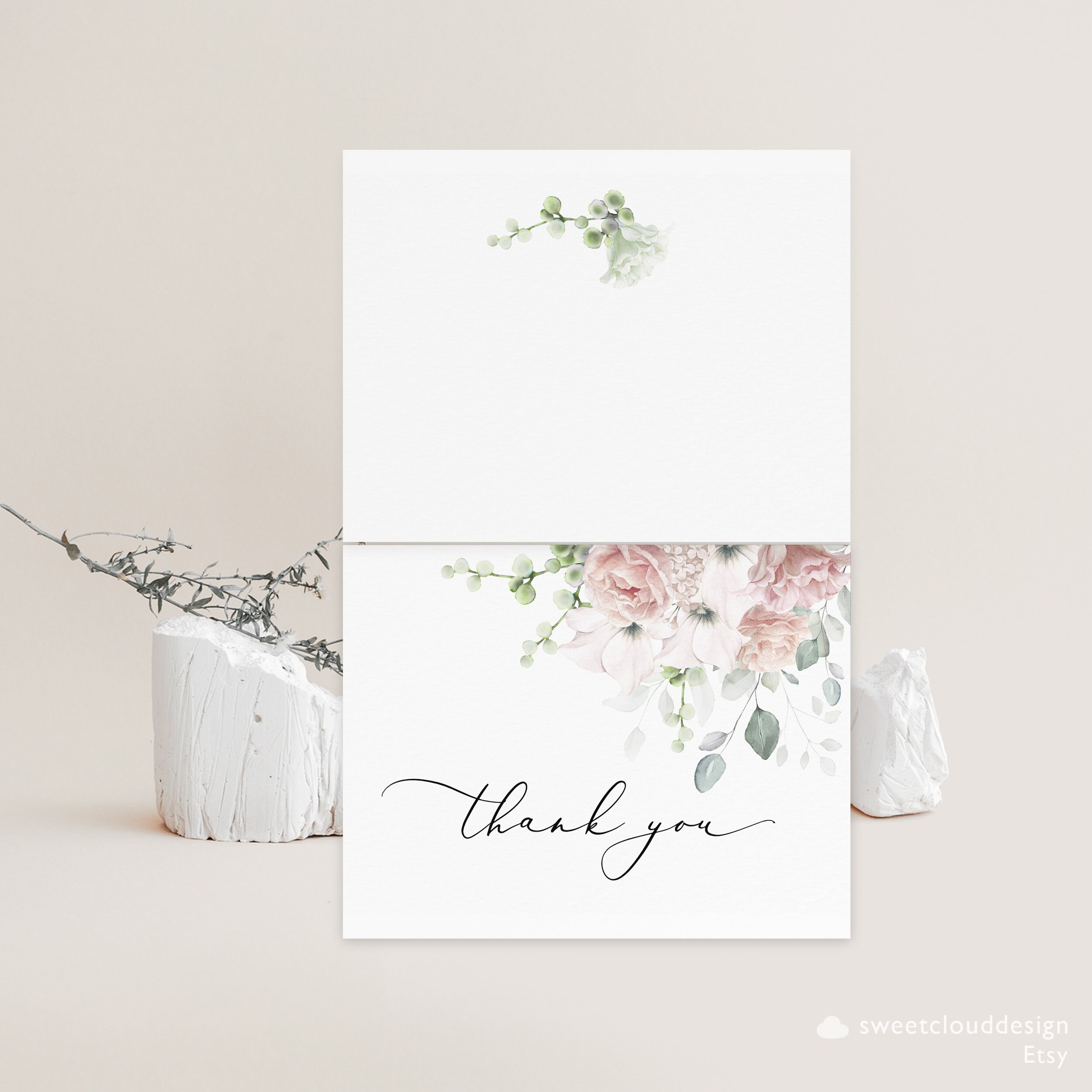 Dusty Pink Floral Thank You Wedding Thank You Card Template Editable ...