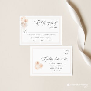 May include: A white RSVP card with a floral design and the text "Kindly reply by July 10th". The card includes a choice of entree options: beef, fish, or chicken. A second white card with a floral design and the text "Kindly deliver to Alisha & Samual 8715 Broadway, Brooklyn, NY 10893".