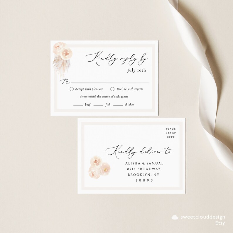May include: A white RSVP card with a floral design and the text "Kindly reply by July 10th". The card includes a choice of entree options: beef, fish, or chicken. A second white card with a floral design and the text "Kindly deliver to Alisha & Samual 8715 Broadway, Brooklyn, NY 10893".