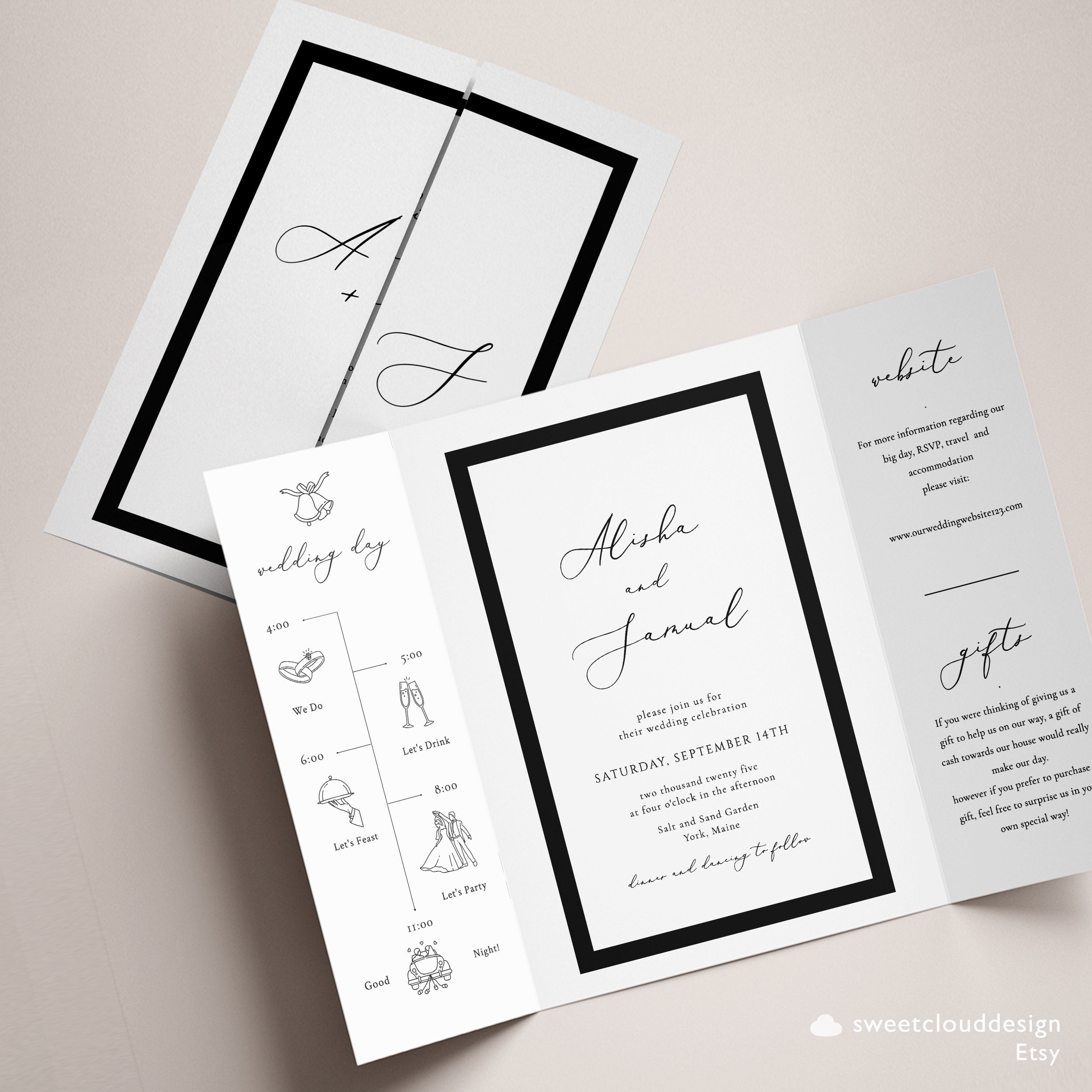 Lace Edge Tri-fold 5x7 Wedding Invitation Simple Pocket Envelope