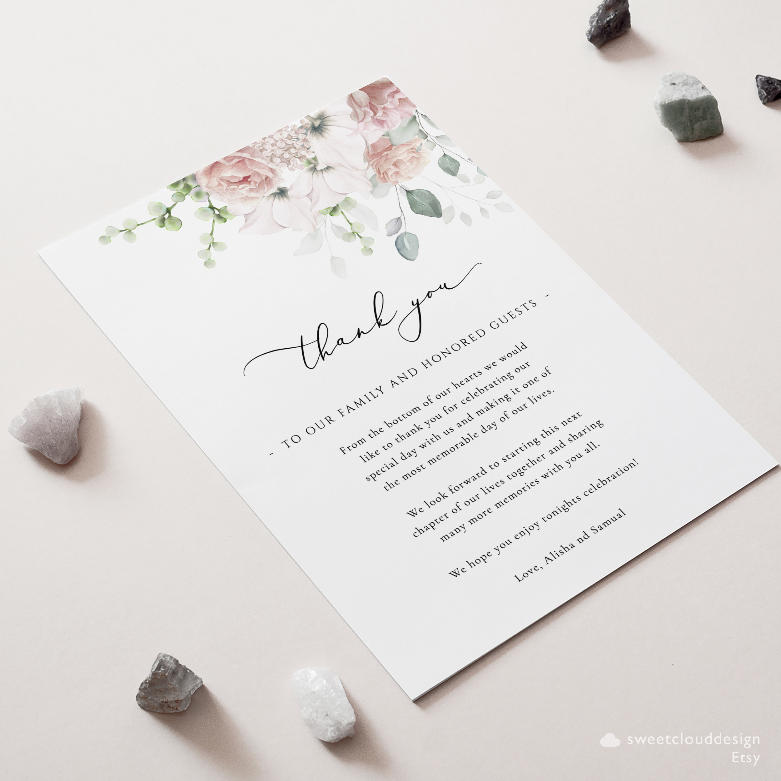 Dusty Pink Floral Thank You Dusk Pink Wedding Thank You Card Editable ...