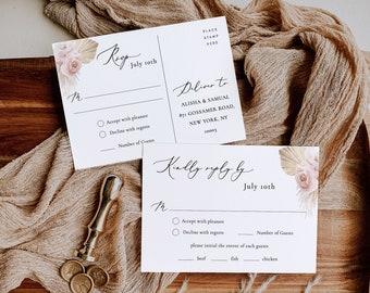 Boho RSVP Card Template Invitation Insert RSVP card Blush Floral boho Reply By card Editable Kindly reply by insert Card Pampas grass Pamela