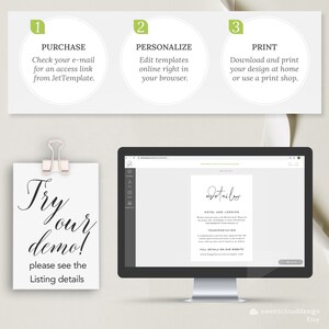 K&ouml;nnte beinhalten: Ein Computerbildschirm zeigt eine Website mit einer Vorlage f&uuml;r Hochzeitsdetails. Die Vorlage ist anpassbar und kann zu Hause oder in einem Druckereibetrieb gedruckt werden. Eine wei&szlig;e Karte mit dem Text "Probieren Sie unsere Demo! Bitte sehen Sie sich die Listendetails an" ist mit einer B&uuml;roklammer an einem Computermonitor befestigt.