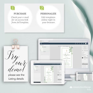 May include: A digital mockup of a baptism invitation template with a green and white floral design. The invitation features a cross, the text "Baptism", and the name "Angela Mason". The image also shows a computer screen and a tablet with the same template open in a design editor.