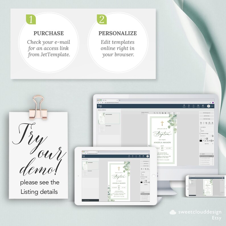 May include: A digital mockup of a baptism invitation template with a green and white floral design. The invitation features a cross, the text "Baptism", and the name "Angela Mason". The image also shows a computer screen and a tablet with the same template open in a design editor.