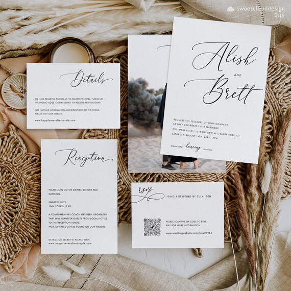 Elegant Minimal Wedding Invitation Set Template, Modern Invitation Suite Simple Elegant Wedding Invitation,Printable Calligraphy Invitation