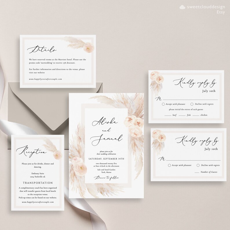 May include: Wedding invitation suite with a boho theme. The invitation features a watercolor illustration of pampas grass and blush-colored flowers. The text reads "Alisha and Januel" and includes the date and time of the wedding. The RSVP card features a similar design and includes the text "Kindly reply by July 10th".