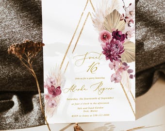 Burgundy Boho sweet 16 Invitation template,dusty red Floral Quinceanera Invitation set ,Pampas Grass  Bohemian birthday party