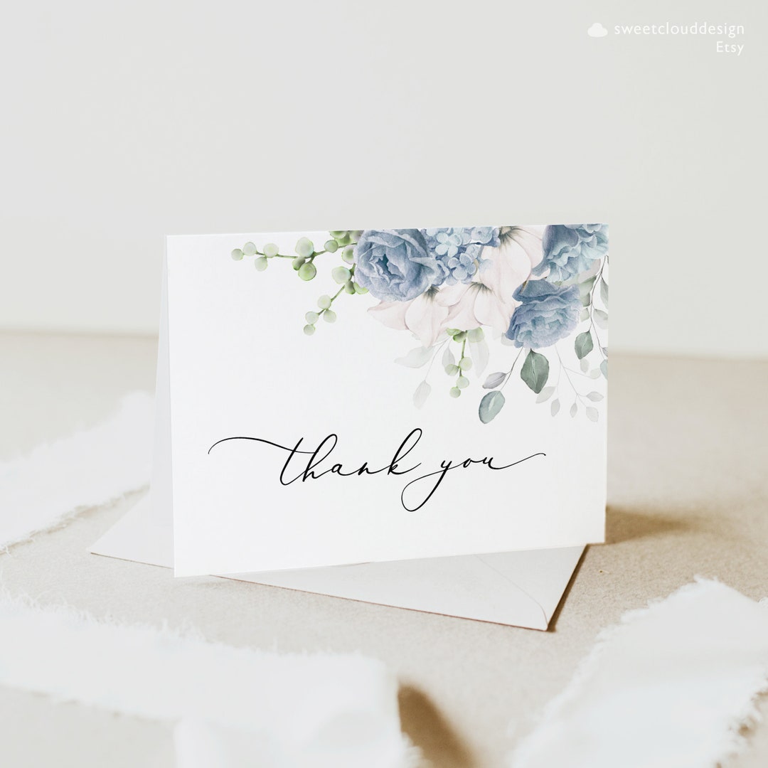Dusty Blue Floral Thank You Wedding Thank You Card Template Editable ...