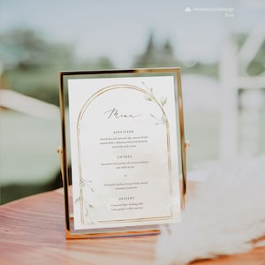 Menú de boda de flores blancas Mesa floral neutra Plantilla de menú Menú de flores blancas doradas Menú imprimible Editable Marco dorado Menú elegante simple