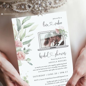 Blush photo Virtual Bridal Shower Invitation Template,Floral Digital Bridal Shower Invite,Greenery Bridal shower virtual, digital Bridal