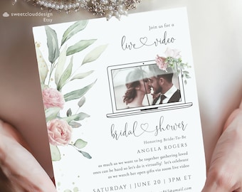 Blush photo Virtual Bridal Shower Invitation Template,Floral Digital Bridal Shower Invite,Greenery Bridal shower virtual, digital Bridal