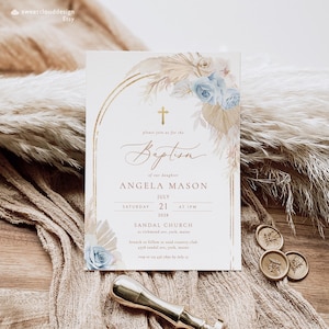 Faire-part de baptême bleu bohème, modèle d'invitation de baptême croix en or bleu bébé, faire-part de communion floral bleu clair, baptême imprimable