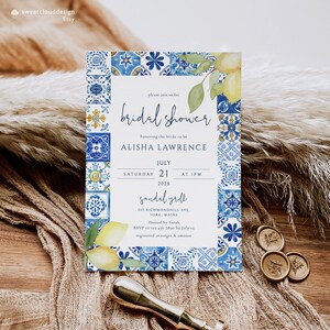 Convite para chá de panela com limão mediterrâneo, azulejo azul Positano, chá de panela, azulejo azul italiano, chá de casamento, aperto principal, Mearl