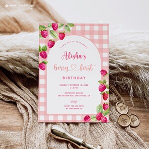 Blush Himbeere Erster Geburtstag Einladungskarte Pink berry Gingham Geburtstagskarte Himbeere rosa Geburtstagsparty Einladungskarte Vorlage