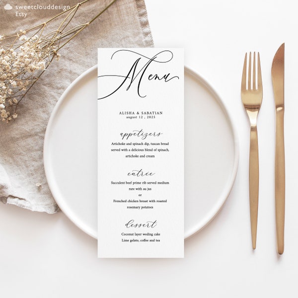 Modèle de menu de mariage minimaliste élégant Menu de mariage moderne Menu de mariage imprimable minimaliste Modèle de menu moderne Menu du dîner modifiable