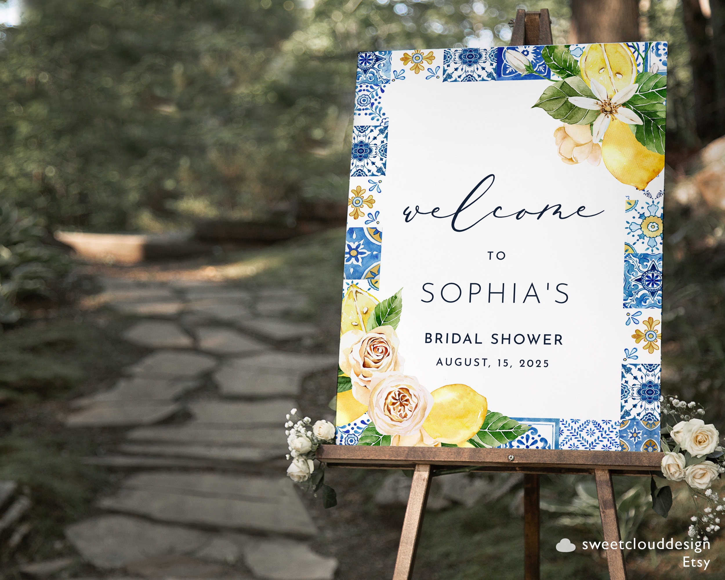 Blue Tile and Lemon Bridal Shower Sign Peach Rose and Etsy