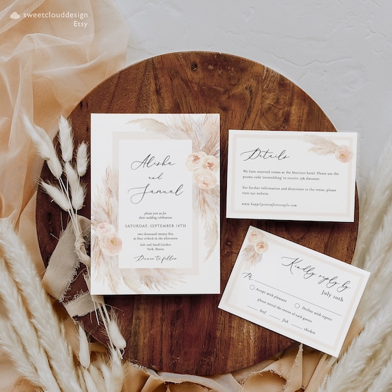 Boho Wedding Invitation Blush Boho Invitation Pampas grass invitation template Peach boho Printable Invitation Bohemian Modern Invite Pearl