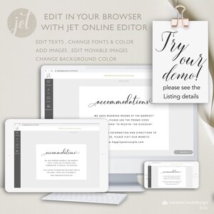 Peut inclure: Un &eacute;cran d'ordinateur affichant un panneau d'h&eacute;bergement de mariage avec le texte "accommodations" en &eacute;criture cursive. Le panneau est sur un fond gris et comprend le texte "We have reserved rooms at the Marriott Hotel. Please use the promo code [wedding] to receive 15% discount. For further information and directions to the hotel, please visit our website. www.happilyevercouple.com". L'&eacute;cran est entour&eacute; d'une bordure blanche et se trouve sur un bureau blanc. L'image comprend &eacute;galement un &eacute;cran plus petit affichant le m&ecirc;me panneau et un clavier blanc.