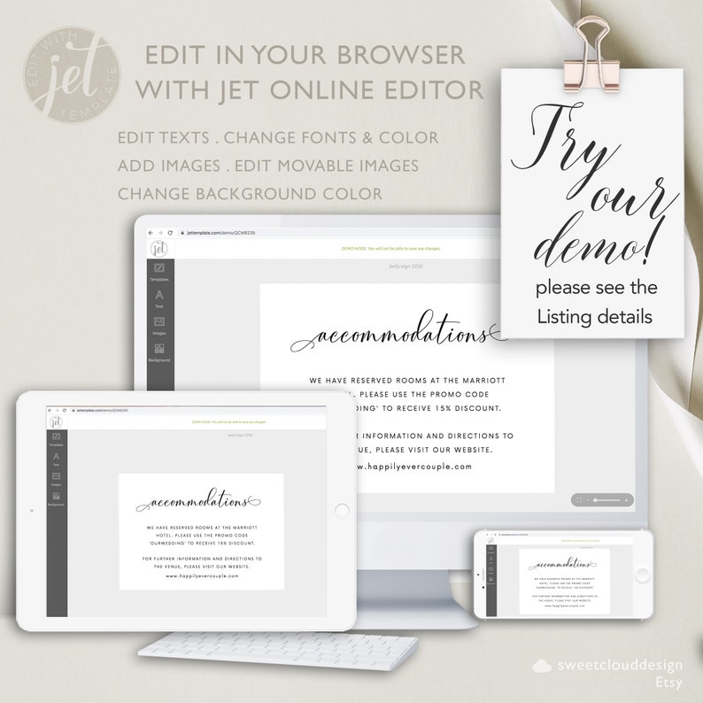 Peut inclure: Un &eacute;cran d'ordinateur affichant un panneau d'h&eacute;bergement de mariage avec le texte "accommodations" en &eacute;criture cursive. Le panneau est sur un fond gris et comprend le texte "We have reserved rooms at the Marriott Hotel. Please use the promo code [wedding] to receive 15% discount. For further information and directions to the hotel, please visit our website. www.happilyevercouple.com". L'&eacute;cran est entour&eacute; d'une bordure blanche et se trouve sur un bureau blanc. L'image comprend &eacute;galement un &eacute;cran plus petit affichant le m&ecirc;me panneau et un clavier blanc.