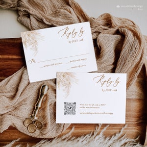 Tarjeta RSVP de hierba de Pampas Boho responder plantilla de tarjeta de código QR Tarjeta de recinto de hierba de Pampas Tarjeta RSVP de hoja de palma editable Boho Rsvp insertar tarjeta