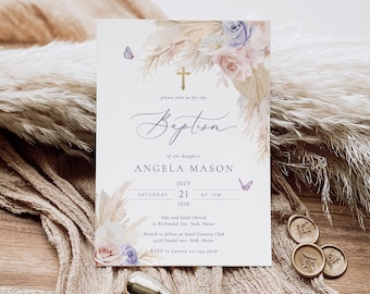 BOHO blush purple Baptism Invitation template Girl Purple pink flower Printable Baptism Invites Christening Invite Baby Girl Pink Communion