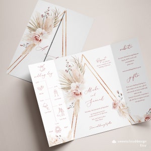 Invitation gatefold rose or rose orchidée mariage gatefold invitation bohème modèle d'invitation herbe de la pampa en or rose Boho feuille de palmier