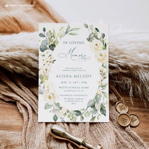 Fleur blanche Invitation funéraire feuilles vertes Célébration funéraire de la vie invitation modifiable White Rose Green feuilles carte funéraire ltemplate