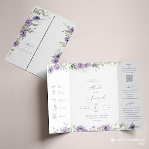 Gatefold Purple Floral  Wedding Invitation Dusty purple flower Gatefold Invitation Violet flower gate fold template Printable Invitation
