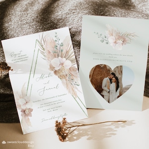 Faire-part de mariage bohème vert sauge Faire-part de mariage tropical sur la plage Modèle d'invitation d'herbe de la pampa, Invitation de feuille de palmier, inviter Boho