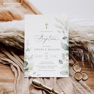Grün Taufeinladung Gold Kreuz Taufe Eukalyptus Taufe pastell grün Printable Taufe lädt Taufeinladung Baby gold heilig