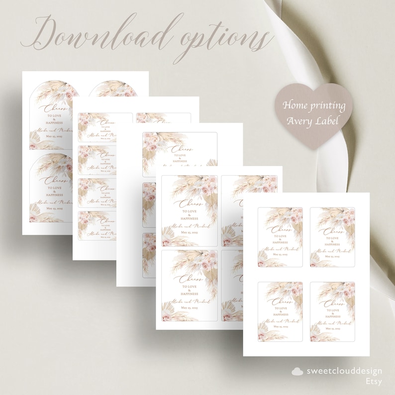 Puede incluir: Etiquetas de regalo de boda imprimibles con un tema boho. Las etiquetas presentan una paleta de colores neutros con tonos beige, marr&oacute;n y rosa. El texto en las etiquetas dice "Cheers to love and happiness" con la fecha de la boda. Las etiquetas est&aacute;n dise&ntilde;adas para imprimir en casa en etiquetas Avery.