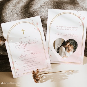 EDITIERBARE Taufe Einladung Mädchen Blush floral druckbare Taufe lädt Taufe einladen Baby Mädchen Rosa und Gold 1. Kommunion Karte Pfingstrose