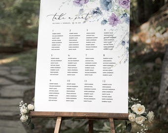 Dusty blue and purple  Seating Chart template, DUSTY Purple  Seat chart , purple rose Seating Sign, Printable Bohemian seating poster