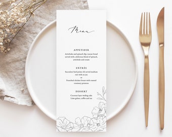 Elegant line floral Wedding Menu Template Simple Menu Printable Minimalist Menu Editable wedding Menu Instant Download Dinner Menu Melody