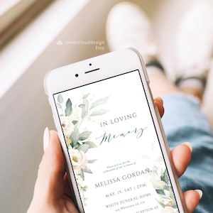 May include: A digital invitation for a memorial service with a watercolor floral design in shades of green and white. The text reads "In Loving Memory Melissa Gordan May 15, Sat | 2PM White Funeral Home 203 Whiterose rd, CA"