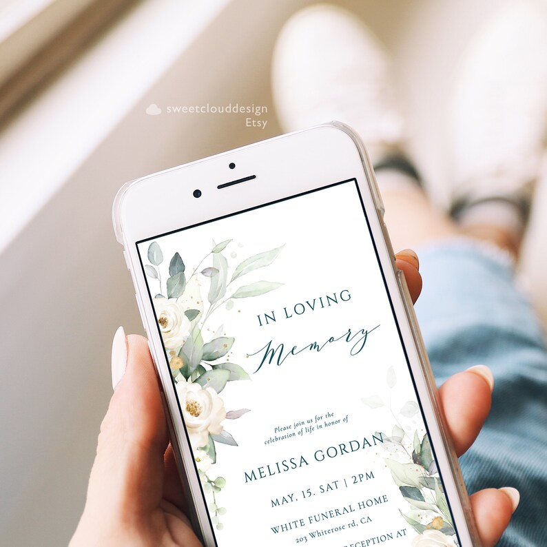 May include: A digital invitation for a memorial service with a watercolor floral design in shades of green and white. The text reads "In Loving Memory Melissa Gordan May 15, Sat | 2PM White Funeral Home 203 Whiterose rd, CA"